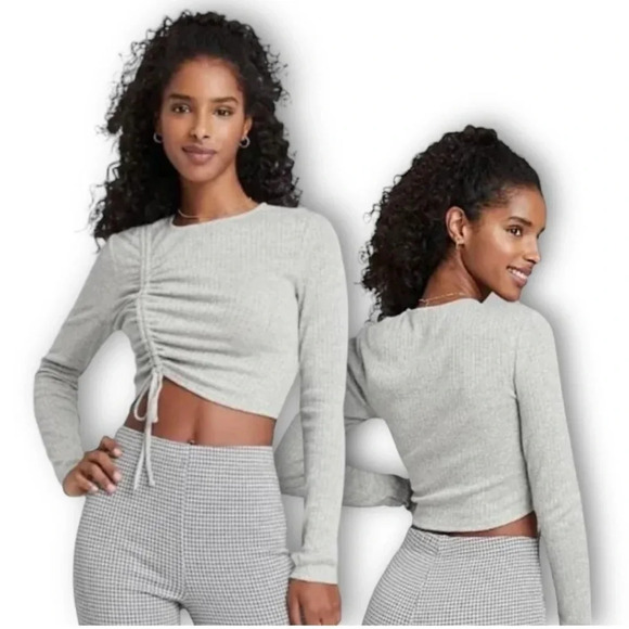 Wild Fable NWT Ruched Drawstring Blouse Heather Gray Long Sleeve Fitted Top New - Picture 1 of 3